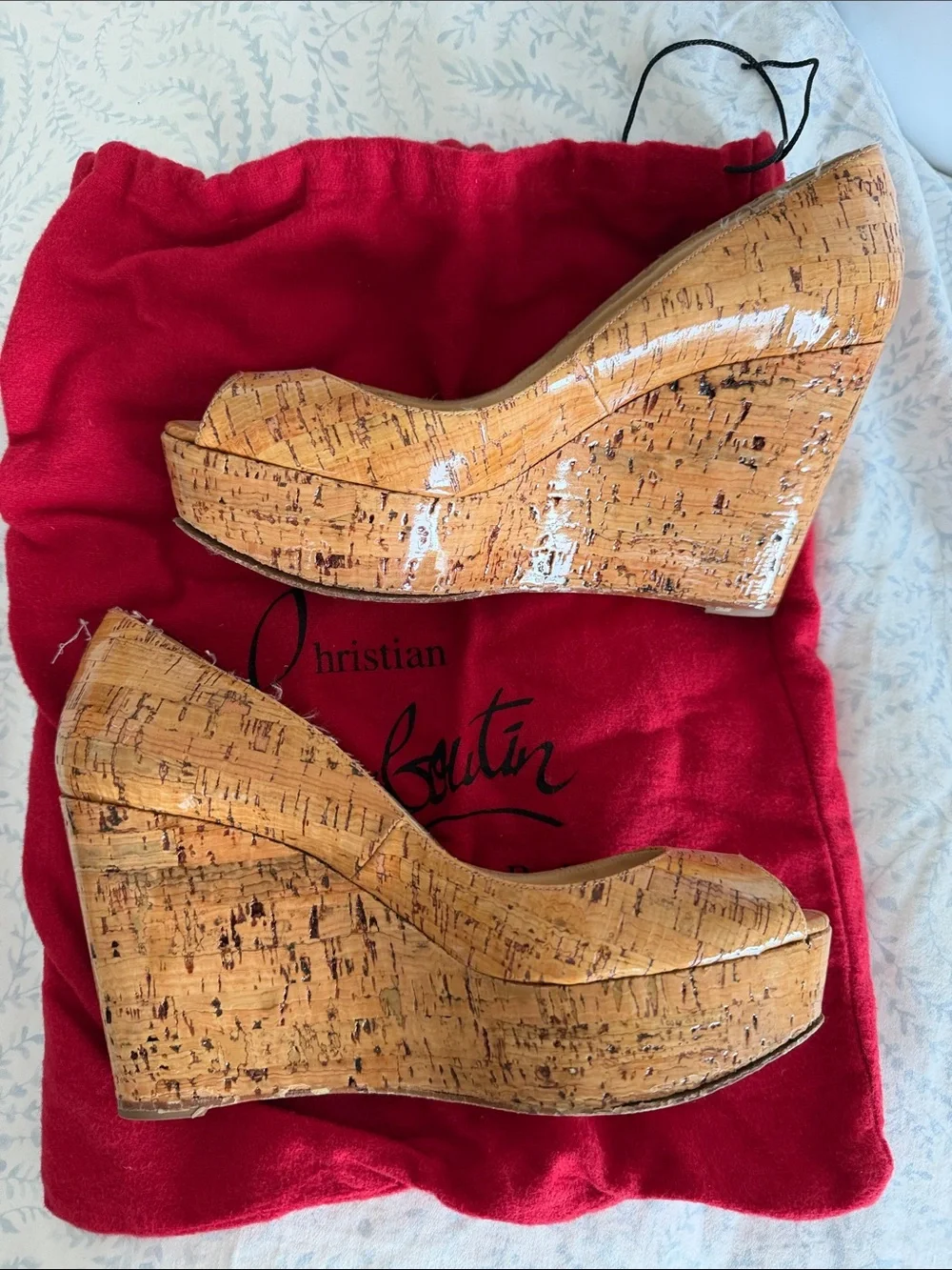 Christian Louboutin Cork Peep-Toe Patent Wedge Sandals in Natural